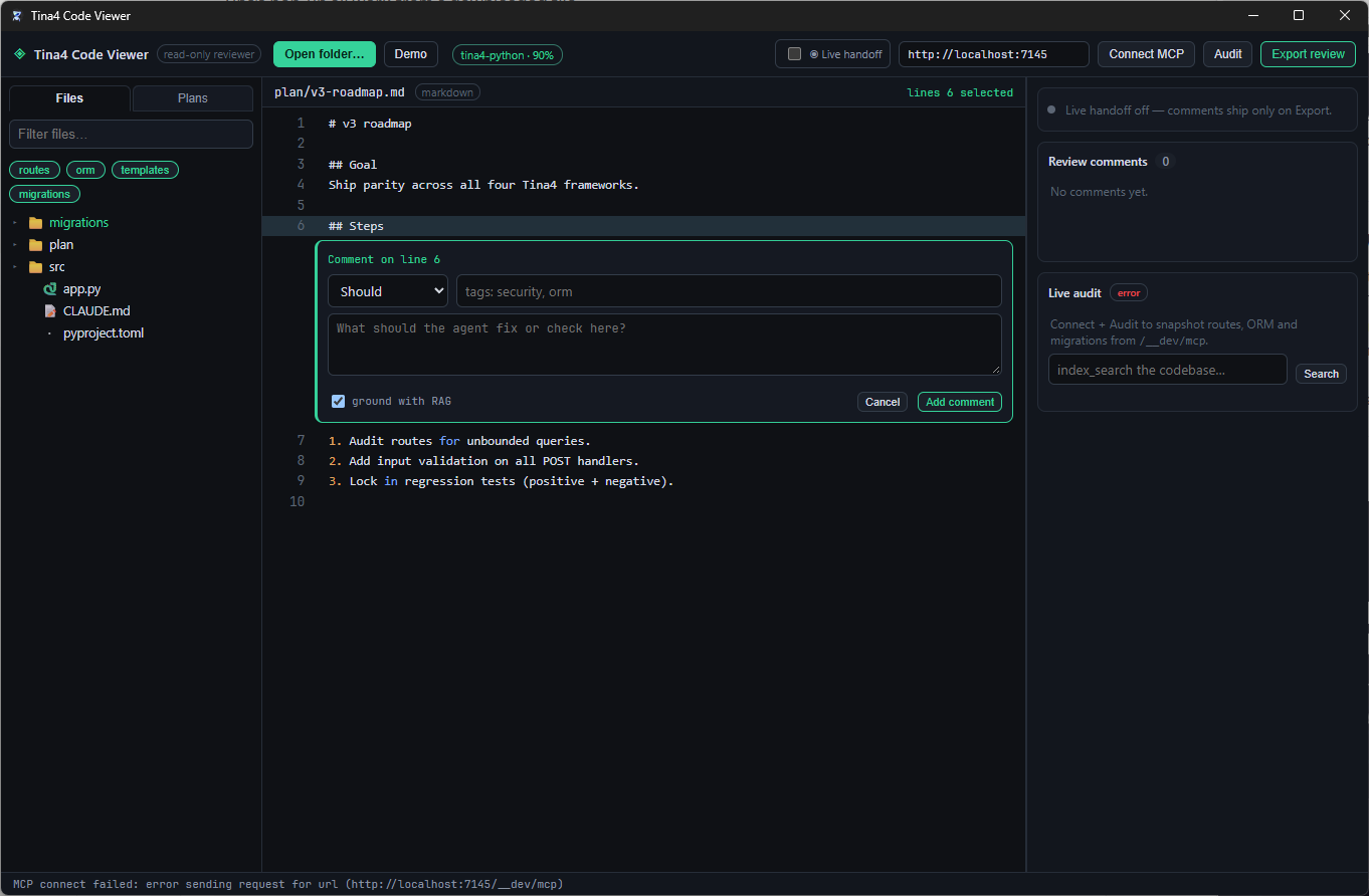 Tina4 Code Viewer: a project's files on the left, a markdown plan in the middle with a comment being added on line 6, review comments and a live audit panel on the right