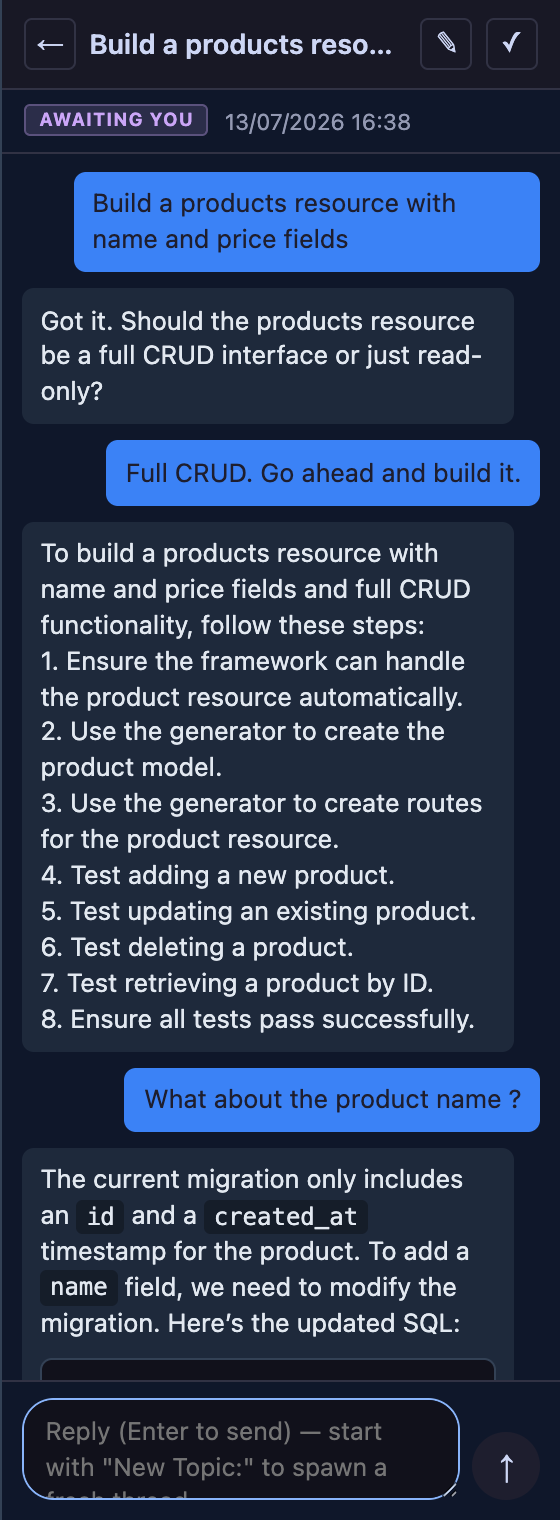 A Threads conversation building a products resource: the request, the coder's clarifying questions, and its build plan
